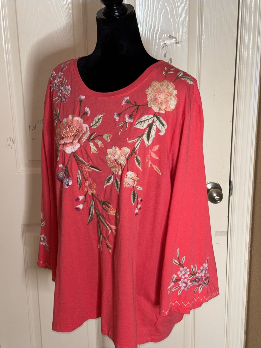 Johnny Was Sz Large Vienna Kimono Coral Floral Embroidered Top Bohemian Art